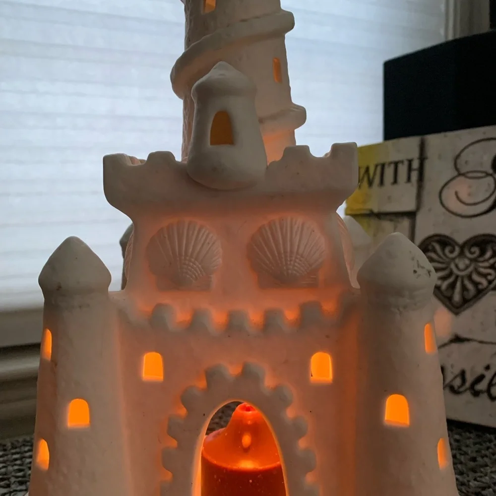 PartyLite Retired White Bisque Porcelain Sand Castle Tea Lite Candle Holder